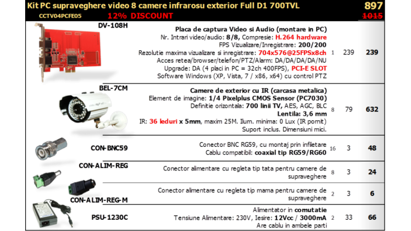 Kit PC supraveghere video 8 camere infrarosu exterior Full D1 700TVL
