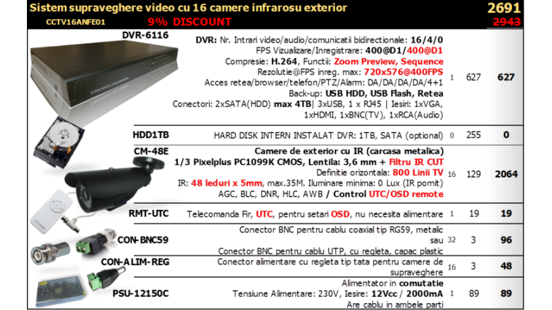 Sistem supraveghere video cu 16 camere infrarosu exterior