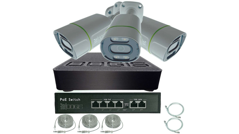 Kit Supraveghere OOGIS™ P4MF3ECD IP PoE cu 3 Camere 4MP (2K) Infrarosu si Color Noaptea 30m Microfon exterior, extensibil la 16, Complet, acces mobil, noapte/zi