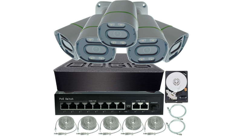 Kit Supraveghere IP PoE cu 5 Camere 4MP (2K) Infrarosu si Color Noaptea 30m Microfon exterior, extensibil la 16, Complet + HDD2TB-R, acces mobil, noapte/zi, OOGIS™ P4MF5ECD-20