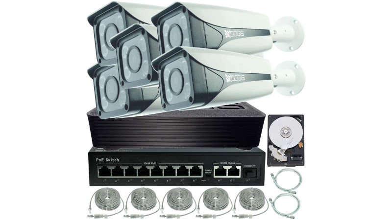 Kit Supraveghere IP PoE cu 5 Camere 4MP (2K) Color Noaptea 50m exterior, extensibil la 16, Complet + HDD2TB-R, acces mobil, noapte/zi, OOGIS™ P4MF5ERC-20