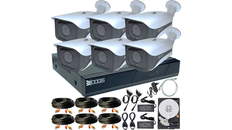 Kit Supraveghere OOGIS™ K5MN6ERR-05 cu 6 Camere 5MP (2K) IR 50m exterior, 1920N, extensibil la 8, Complet + HDD500GB-R, acces mobil, noapte/zi