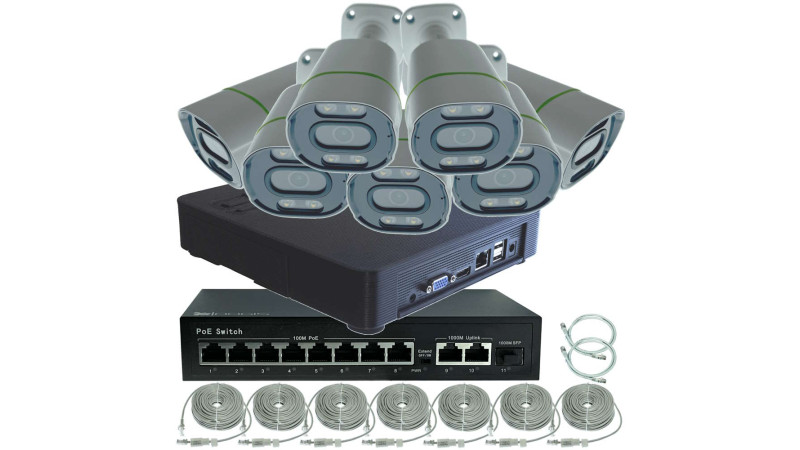 Kit Supraveghere OOGIS™ P4MF7ECD IP PoE cu 7 Camere 4MP (2K) Infrarosu si Color Noaptea 30m Microfon exterior, extensibil la 16, Complet, acces mobil, noapte/zi