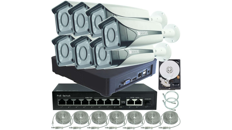 Kit Supraveghere OOGIS™ P4MF7ERC-10 IP PoE cu 7 Camere 4MP (2K) Color Noaptea 50m exterior, extensibil la 16, Complet + HDD1TB, acces mobil, noapte/zi