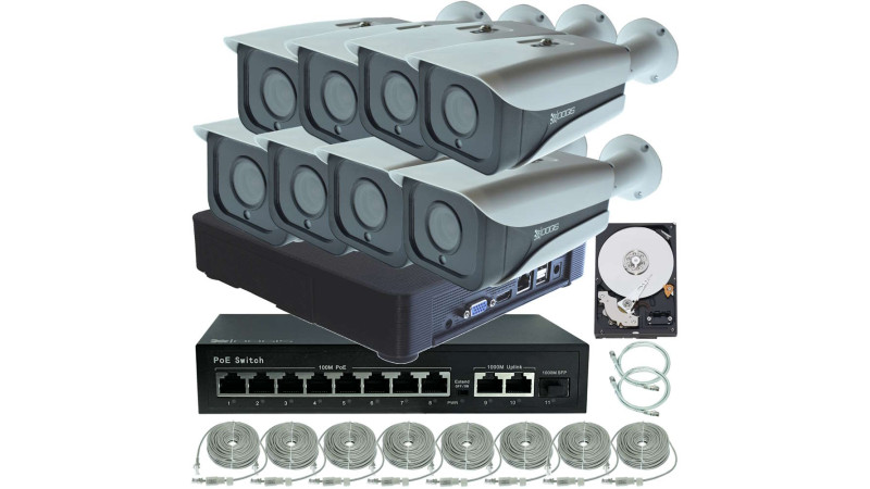 Kit Supraveghere OOGIS™ P8MF8ERR-20 IP PoE cu 8 Camere 8MP (4K) IR 50m exterior, extensibil la 10, Complet + HDD2TB, acces mobil, noapte/zi