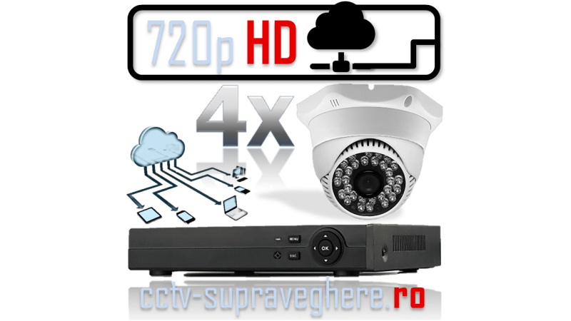 Sistem supraveghere video IP HD megapixel cu 4 camere cu IR interior